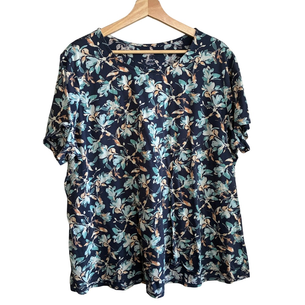 Pure Jill Elliptical Tee 2X Navy Blue Floral Womens 100% Pima Cotton Scoop Neck